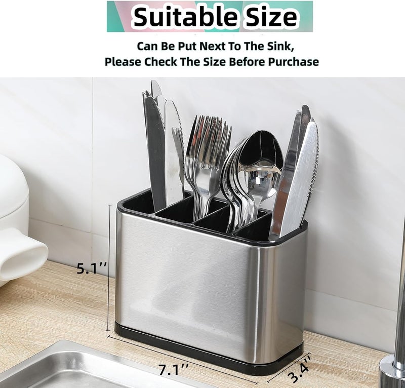 LIBODOUR Utensil Holder,Stainless Steel Caddy Counter,Spoon holder,4 Compartments Silverware Caddy,Capacity Flatware Spoon Fork Tool Cutlery Holder（Silvery） - Image 4